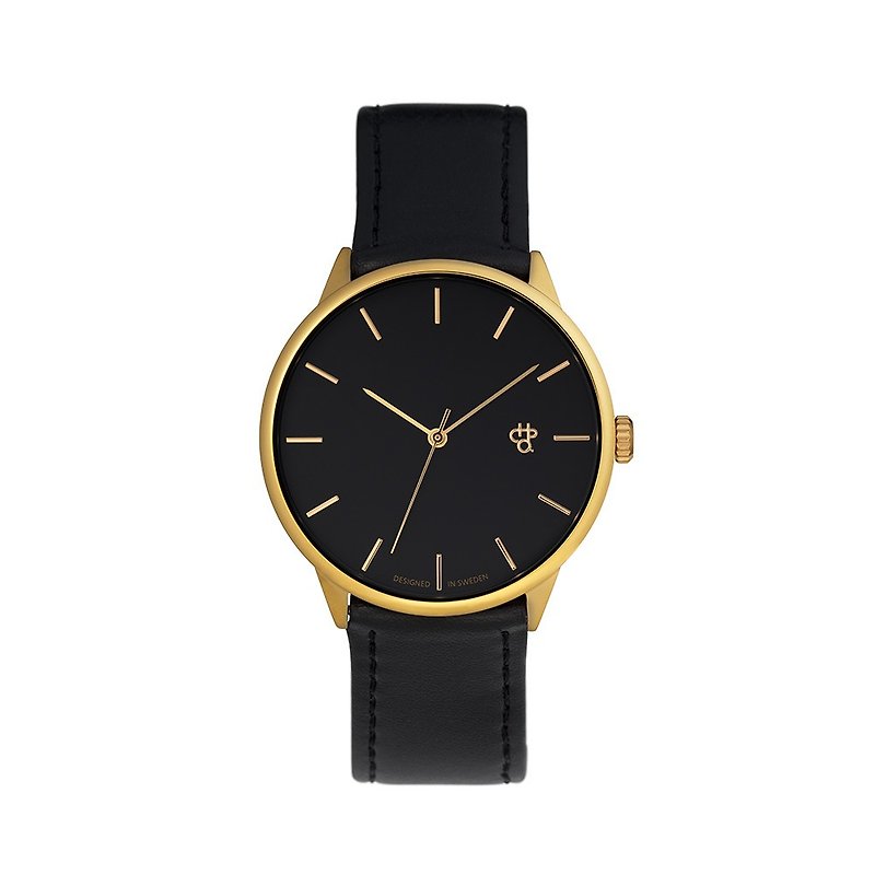 Chpo Brand 瑞典品牌 - Khorshid系列 金黑錶盤黑皮革 手錶 - 男裝錶/中性錶 - 人造皮革 金色