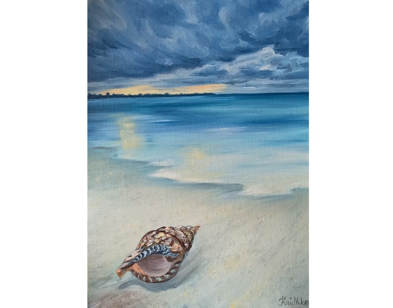 Beach Painting Seascape Canvas Oil Painting Seashell Original Art Sunset Artwork - 海報/掛畫/掛布 - 其他材質 卡其色
