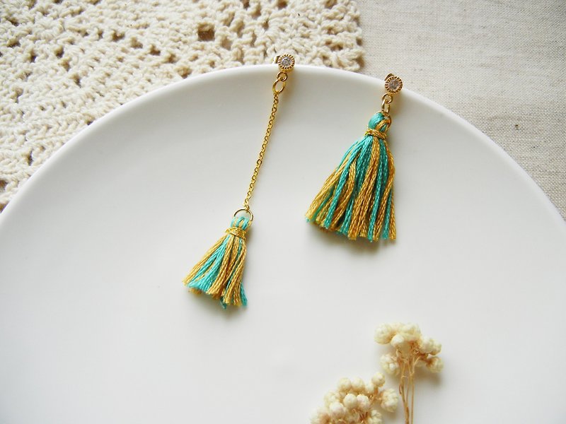 *coucoubird*retro-long and short tassel small diamond earrings/yellow Teal - Earrings & Clip-ons - Thread Multicolor