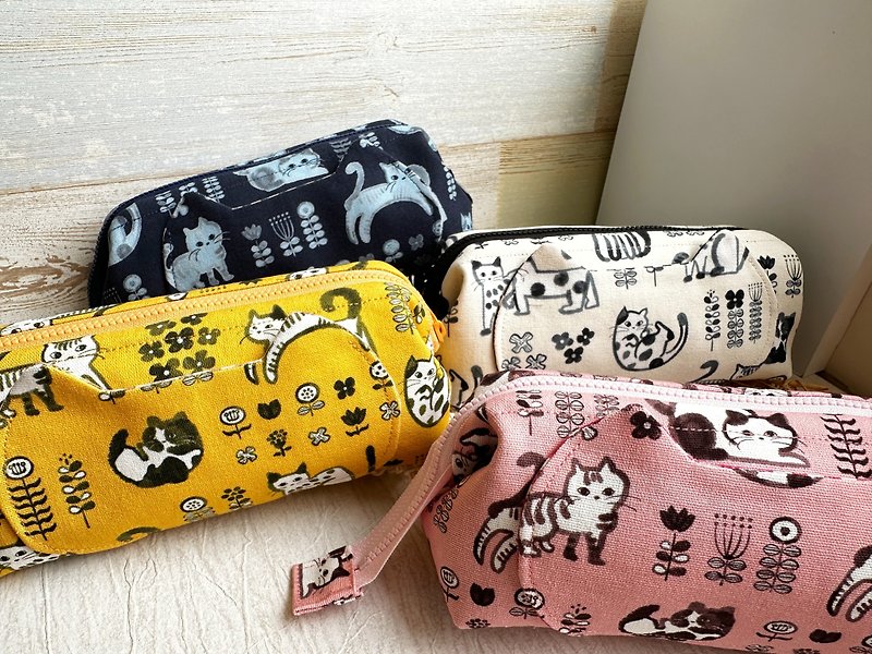 Ink painting cat handmade cat ear shape large capacity pencil case/cosmetic bag - Toiletry Bags & Pouches - Cotton & Hemp Yellow