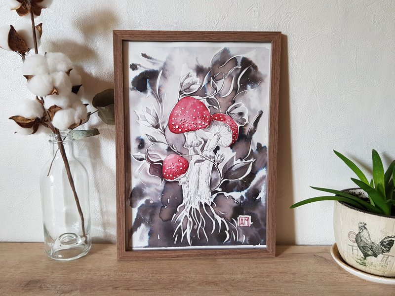 Original Watercolor artwork hand painted mixed technique - mushroom - 壁貼/牆壁裝飾 - 其他材質 
