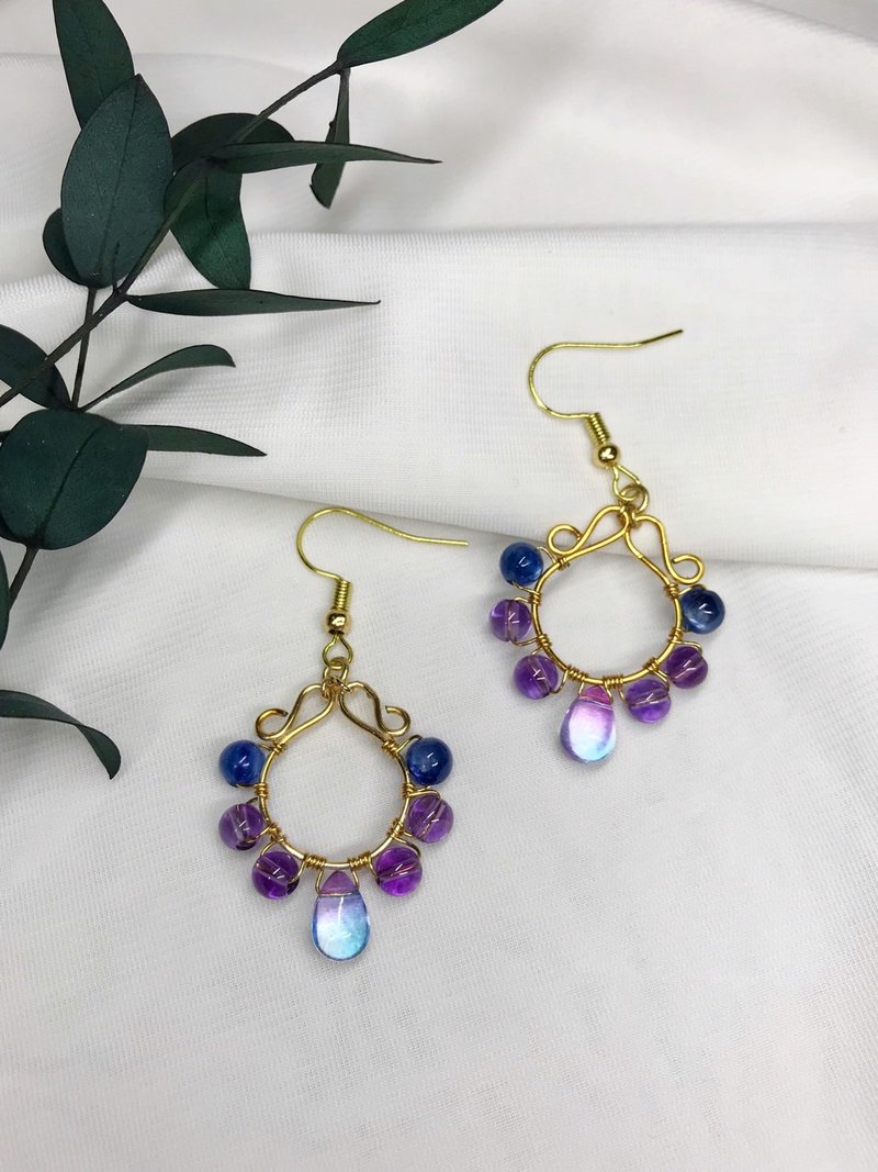 Star ││ fundus earrings Amethyst Stone metallic braid braided metal clip change customization - Earrings & Clip-ons - Crystal 