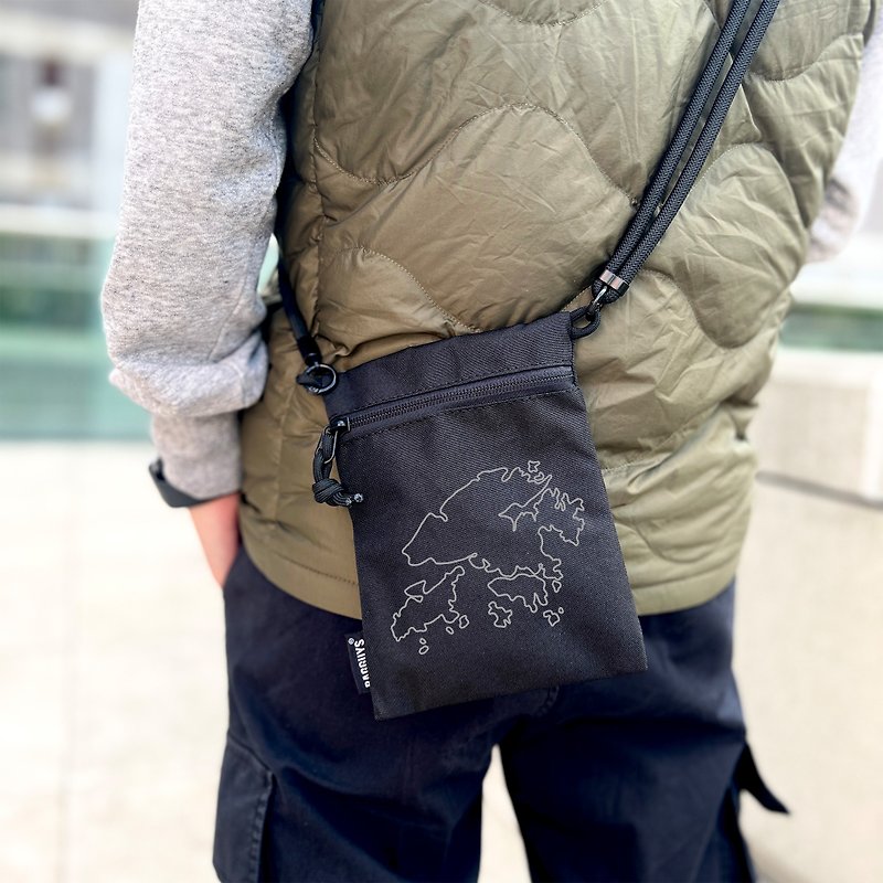 [Hong Kong Map] Small crossbody bag (with multi-function strap) - Messenger Bags & Sling Bags - Cotton & Hemp Black