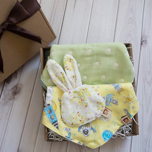 喜福HiBOU 寶寶彌月禮物 一點兒小心意 新生兒口水圍兜禮盒(6重紗圍兜+領巾+兔寶福袋)