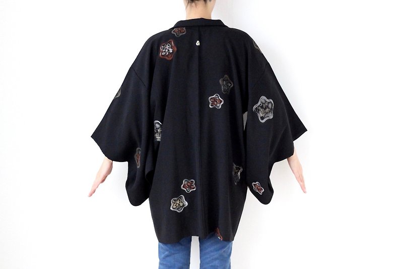 glitter floral kimono, Japanese silk haori, kimono jacket, short kimono /3657 - 女大衣/外套 - 絲．絹 黑色