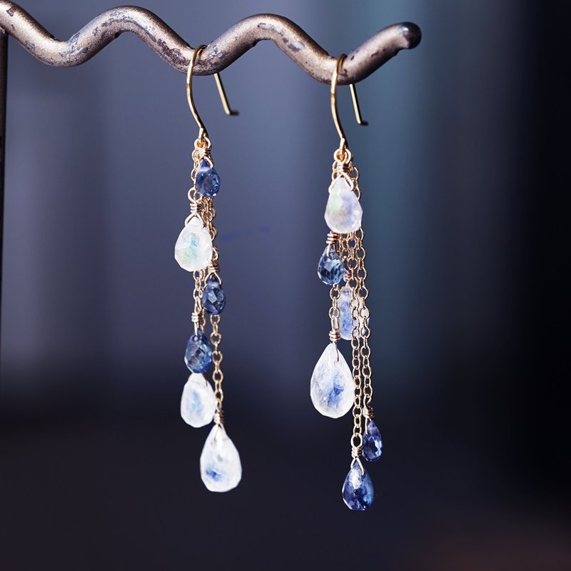 Moon Goddess Earrings with Blue Sapphire and Rainbow Moonstone Kaguyahime - Earrings & Clip-ons - Gemstone Multicolor