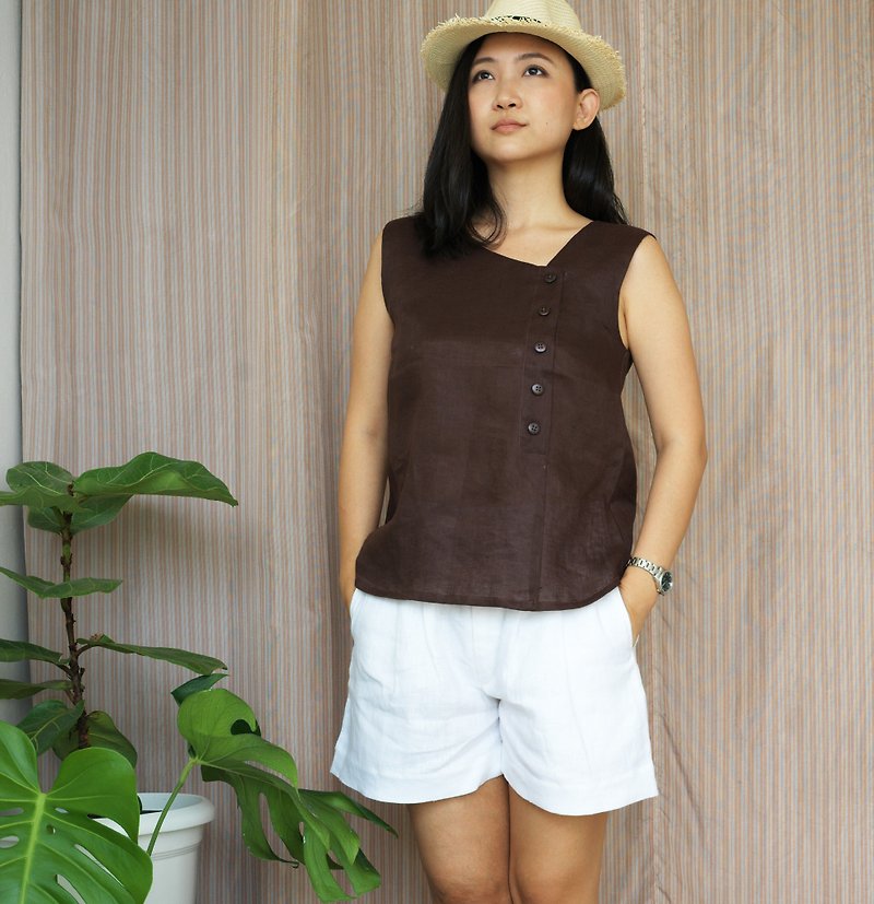 sided button linen top tank / brown /100% linen / There are 2 colors - Women's Tops - Linen Brown
