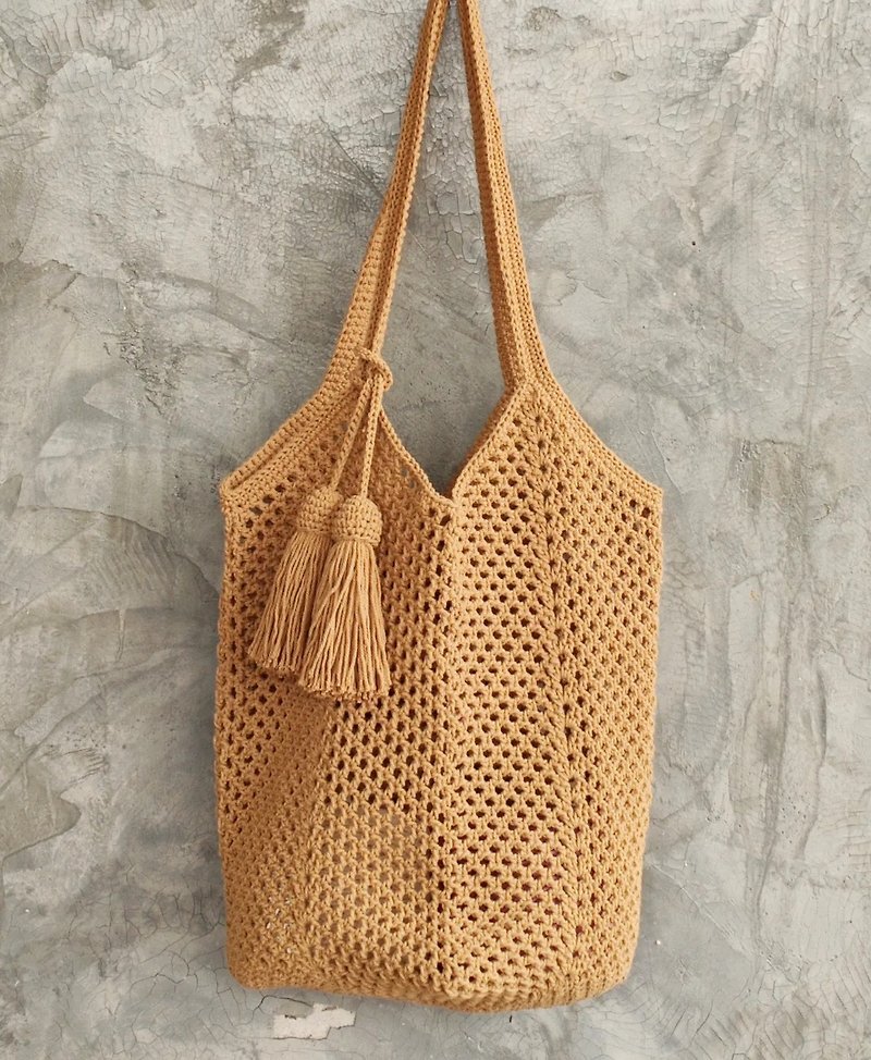 Brown woven rope bag, granny square shape. - Messenger Bags & Sling Bags - Cotton & Hemp 