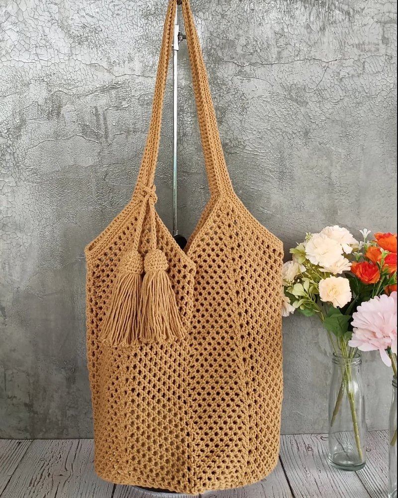 Brown woven rope bag, granny square shape. - Messenger Bags & Sling Bags - Cotton & Hemp 