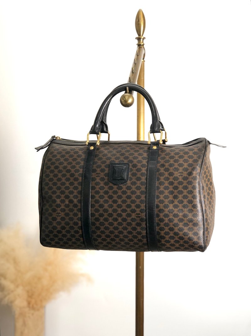 【 日本直送　名牌中古包 】CELINE セリーヌ マカダム ハンドバッグ ブラック ブラゾン型押し PVC レザー ミニボストン vintage ibfr5i - 手提包/手提袋 - 防水材質 黑色