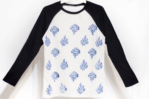 omhandmade 女裝純棉長袖棒球裝上衣 黑白撞色印花T-shirt-樹木 森林 植物系