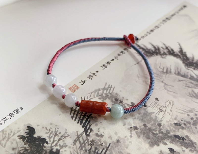 Sold out enjoy // By the pool pavilion. Natural Jadeite Vintage Braided Bracelet Southern Red Bamboo Hand Rope Jade Agate - Bracelets - Jade Multicolor