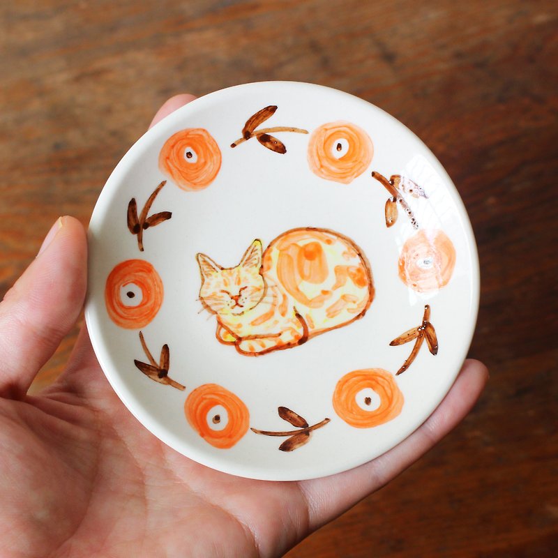 大理石貓和橘色花 小皿 - 小碟/醬油碟 - 陶 橘色