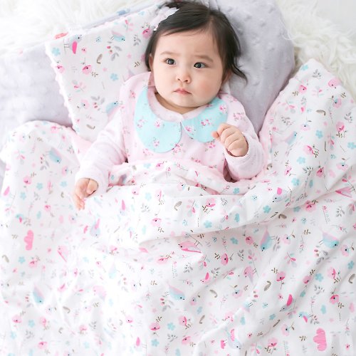 Cutie Bella 美好生活精品館 Minky加厚夾層棉毯枕套裝 點點顆粒 攜帶毯嬰兒毯 粉色-小鳥