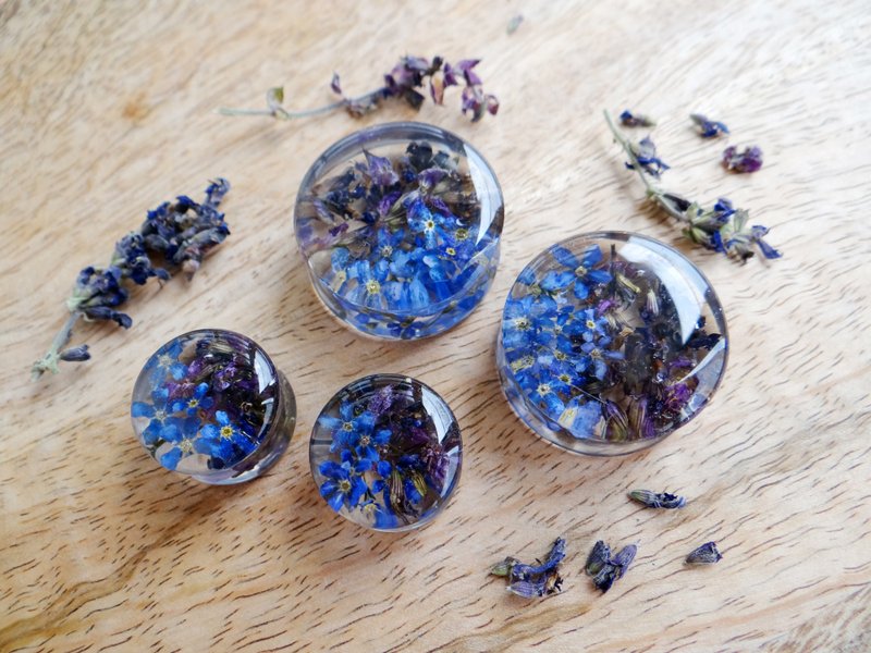 Sage ear gauges and plugs Forget-me-not flower earrings Resin art earring tunnel - 耳環/耳夾/耳骨夾 - 植物．花 紫色