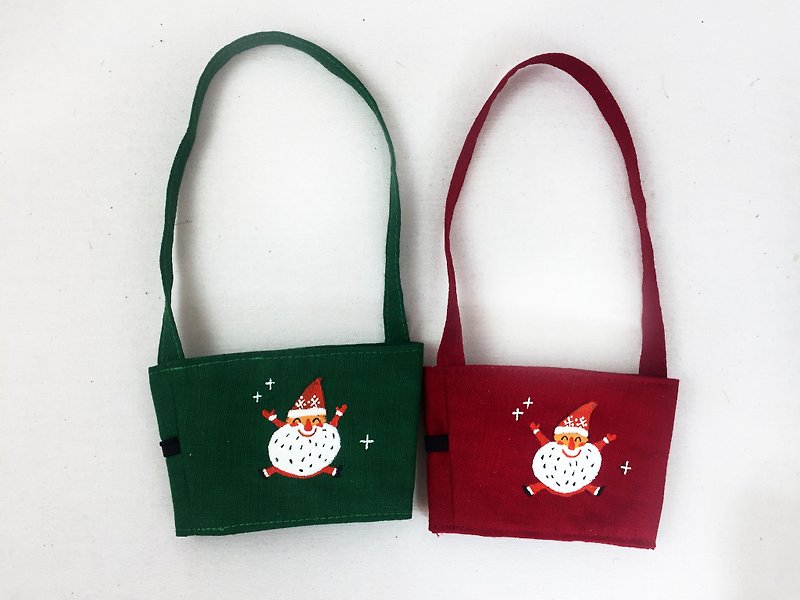 Free shipping green cup set - Christmas Santa Claus Christmas special edition (can draw Chinese and English name please note) - ถุงใส่กระติกนำ้ - ผ้าฝ้าย/ผ้าลินิน 