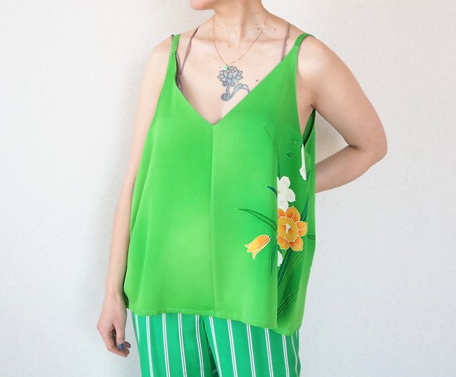 Kelly Green Silk Camisole, Relaxed Size L, Kimono Upcycle Luxury, Gift Idea  - Shop UMUI Women's Underwear - Pinkoi