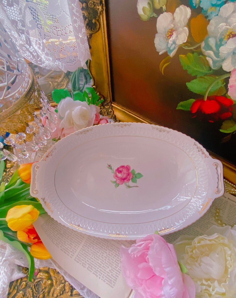 1950年德國百年手工手繪骨瓷大尺寸水果盅麵包盅庫存品 - 碗 - 瓷 粉紅色