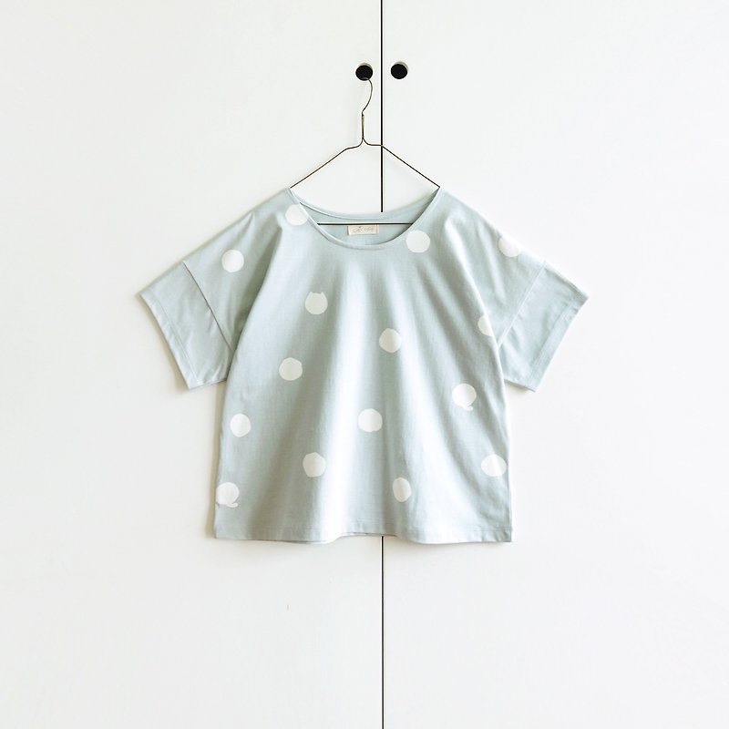 polka dot cat t-shirt : pastel gray - T 恤 - 棉．麻 灰色