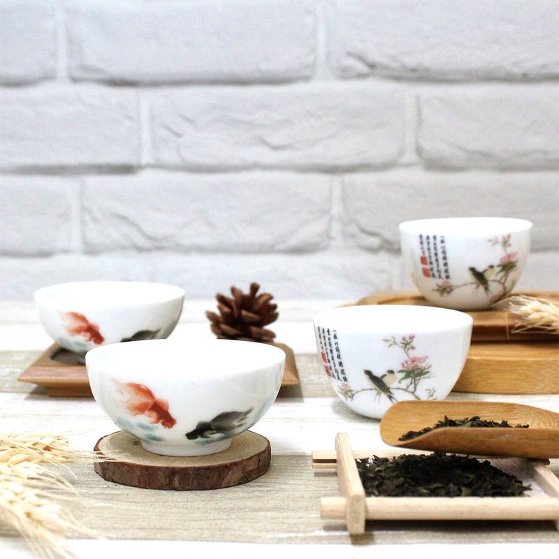 水墨金魚竹盤雙杯 - 茶壺/茶杯/茶具 - 瓷 紅色