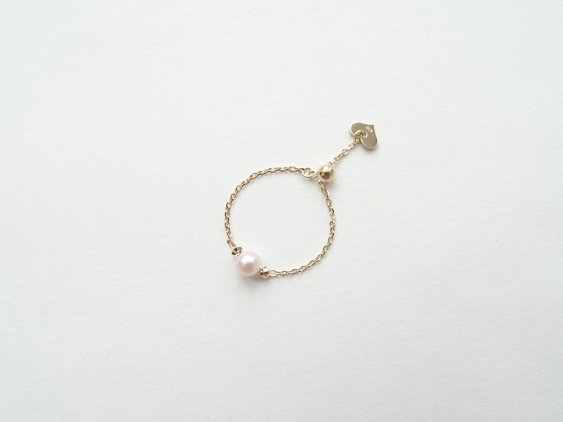 18K Yellow Solid Gold Baby Akoya Pearl Adjustable Dainty Chain Ring - แหวนทั่วไป - ไข่มุก สีทอง