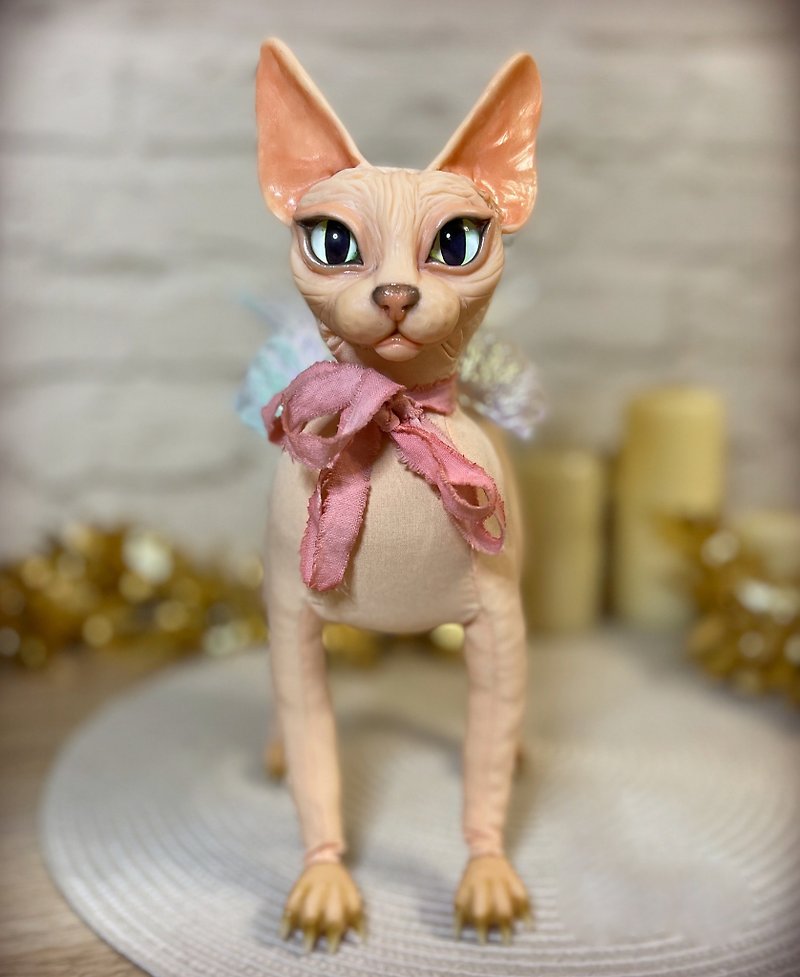 Angel Sphinx cat doll, Hairless Sphynx cat puppet, cute kitten figurine - Stuffed Dolls & Figurines - Clay Pink