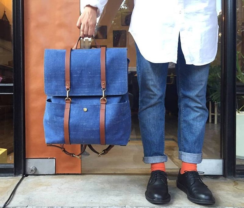 MISMO Danish Official Boutique / Leather. Canvas Elegant Backpack - Denim Blue Limited - Backpacks - Genuine Leather 