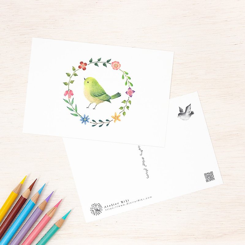 Set of 5 pieces. Like a picture book. Postcard "Green Bird and Flower Ring" PC-43 - การ์ด/โปสการ์ด - กระดาษ สีเขียว