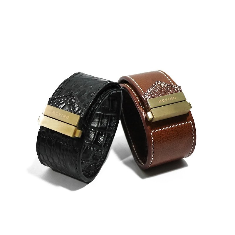 Brown leather wide version of the Play Hard bracelet - gold buckle - Bracelets - Genuine Leather Brown