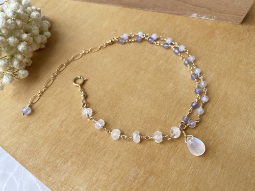 68 Jewellery｜純銀。天然石。輕珠寶 //月亮石坦桑石海藍寶手鍊// 14KGF 天然石水晶手作