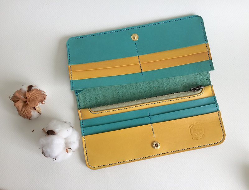Summer style long clip _ leather hand-stitched Bright Handcraft Wallet - Wallets - Genuine Leather Blue