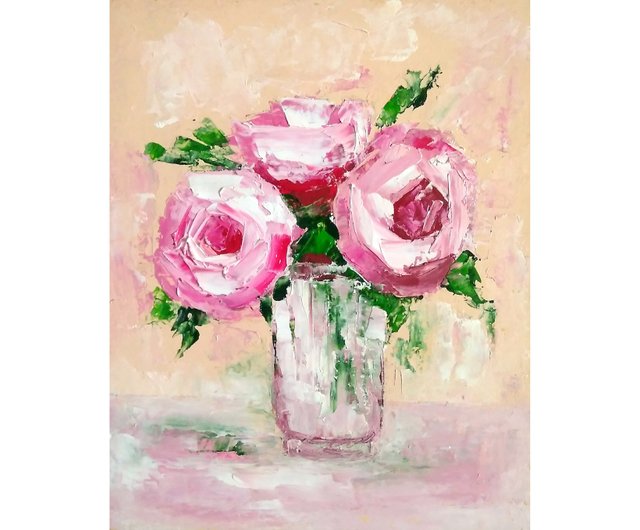 ピンクの花のオリジナルの絵画、バラの壁の芸術、花のアート