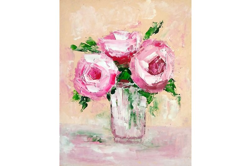 Pink Flowers Original Painting, Roses Wall Art, Floral Artwork, Gift for Woman