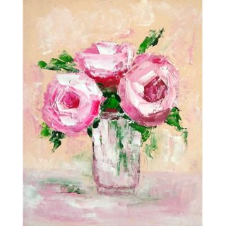 ピンクの花のオリジナルの絵画、バラの壁の芸術、花のアートワーク、女性への贈り物