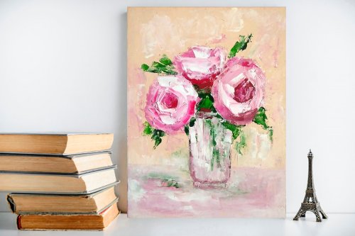 油絵 絵画【ピンク薔薇】【Ａ4】 油絵 絵画【ピンク薔薇6切】 絵画 HR 通販 12978221｜Creema