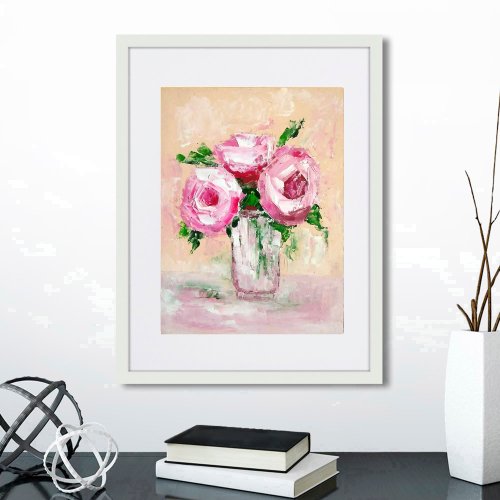 ピンクの花のオリジナルの絵画、バラの壁の芸術、花のアート