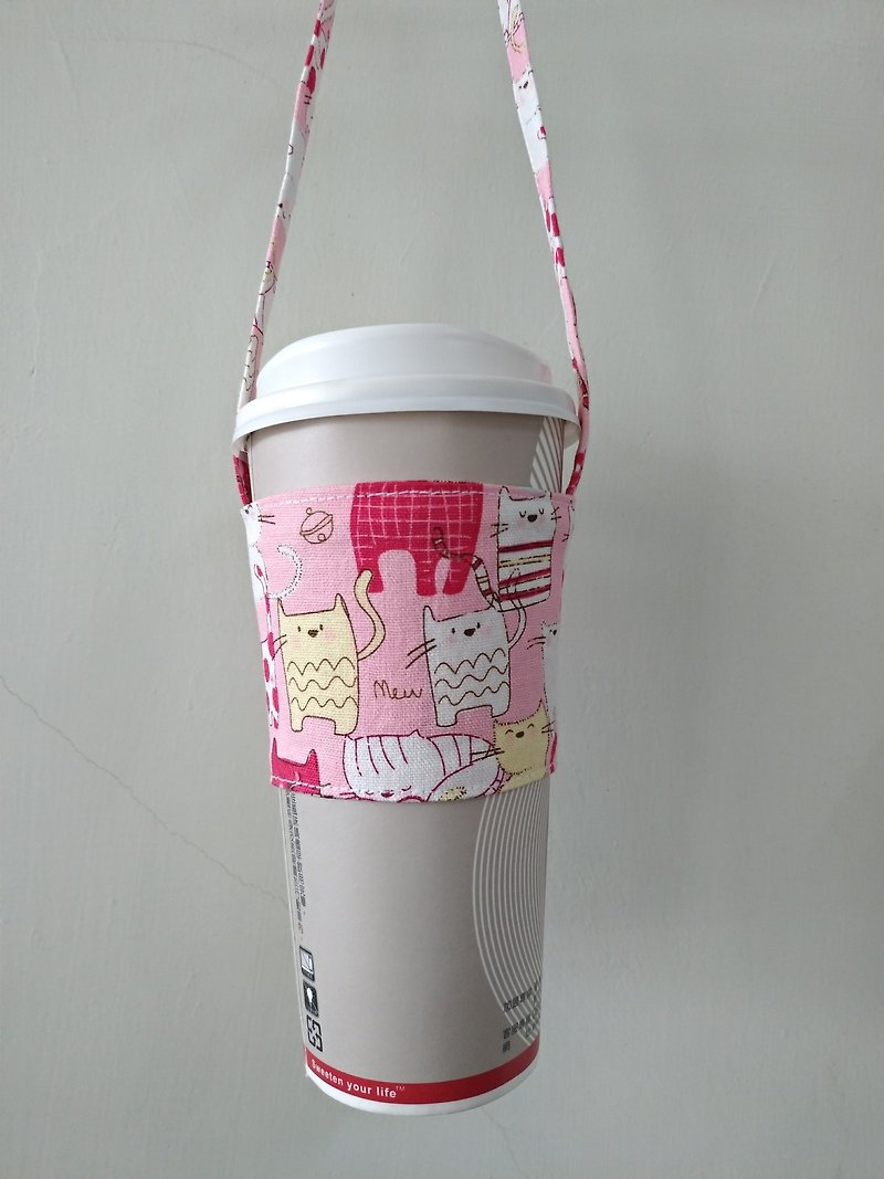 Beverage Cup Set Eco Cup Set Hand Beverage Bags Coffee Bags Tote - Kittens (Pink) - ถุงใส่กระติกนำ้ - ผ้าฝ้าย/ผ้าลินิน 