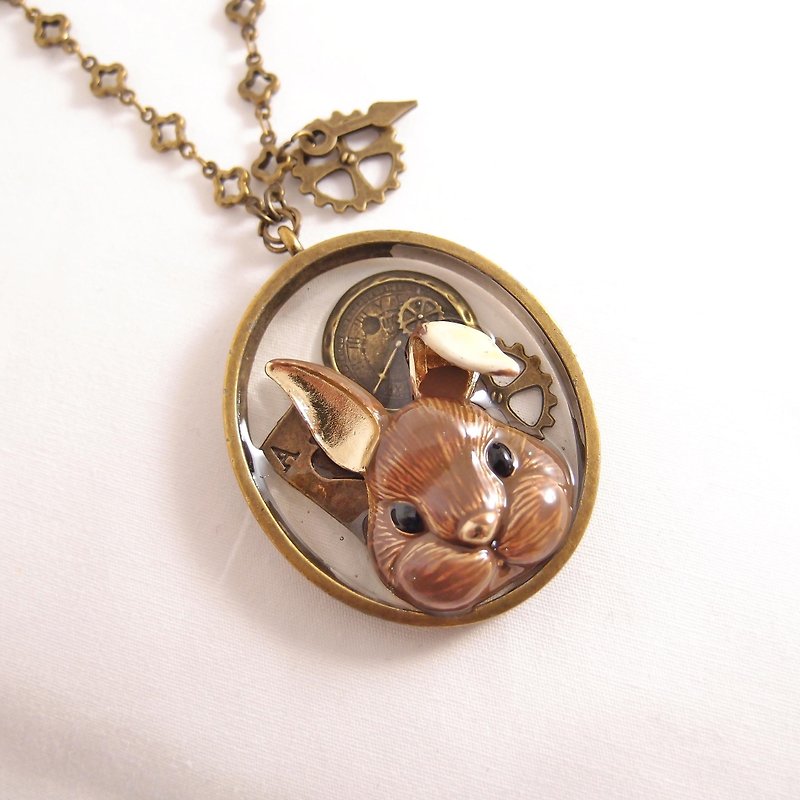 Alice in Wonderland fairy tale ◎ Cn0182-b] [rabbit clock x x x gear shape long necklace - Necklaces - Other Metals Brown