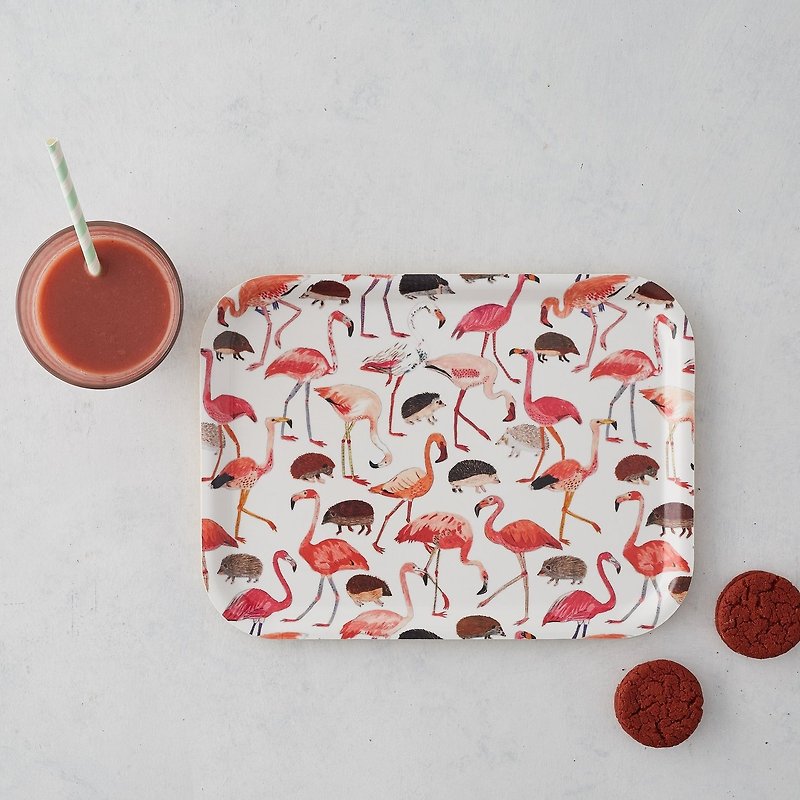 NEW: FLAMINGOS AND HEDGEHOGS CROQUET RECTANGLE TRAY - Small Plates & Saucers - Wood Pink