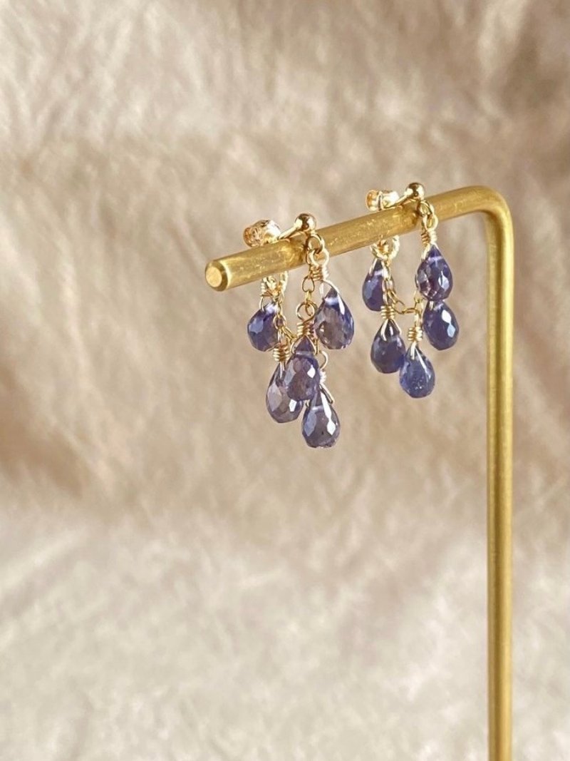 水晶吊燈 | 堇青石 立體水滴 || 14KGF注金 小華麗 耳環 - 耳環/耳夾 - 水晶 藍色