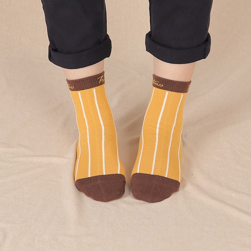 膠原蛋白紗長襪 - 刺蝟線條款 - 黃底白條/畢業 - 襪子 - 棉．麻 黃色