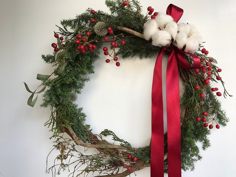 Natural tone cotton + mountain return Christmas wreath - Dried Flowers & Bouquets - Plants & Flowers Red