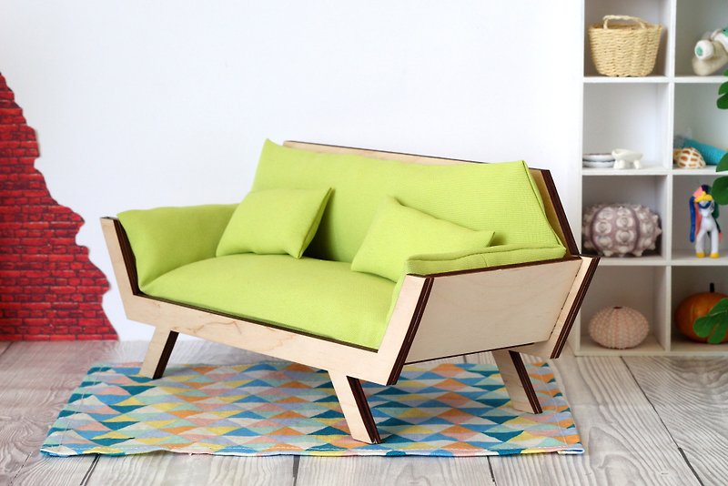 Miniature sofa hexagon shape wooden dollhouse furniture. Modern 1:6 scale chair - ของเล่นเด็ก - ไม้ สีเขียว
