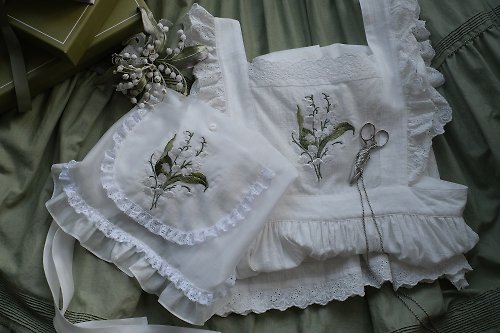 Lily of the valley embroidered half circle apron leavers lace French lace  handmade