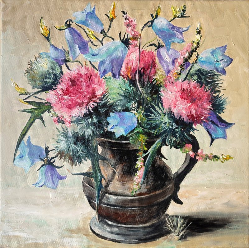 Floral Painting Thistle 花卉植物 Hanging Art  原畫  Hand-Painted Art  花畫  原創油畫  薊 - โปสเตอร์ - วัสดุอื่นๆ หลากหลายสี