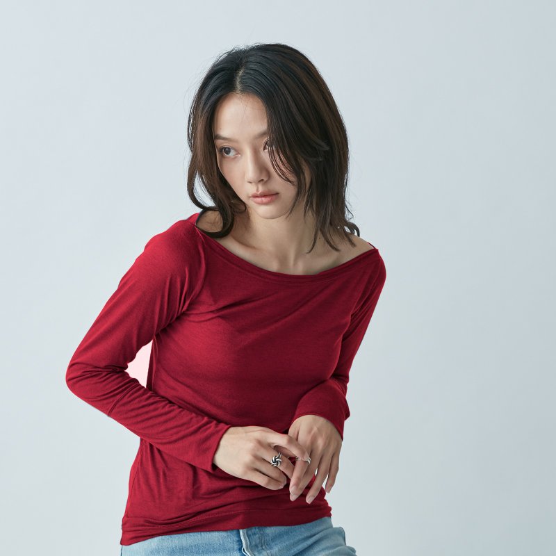 Boat-shaped long-sleeved top - red - Women's Tops - Cotton & Hemp Red