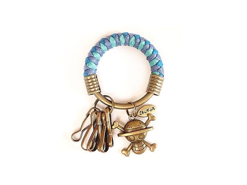 [Handmade by UNA-Yona] Key ring (small) 5.3CM blue purple + bright blue + lake green + one piece LOGO hand-woven wax rope hoop customized - Keychains - Other Metals Multicolor