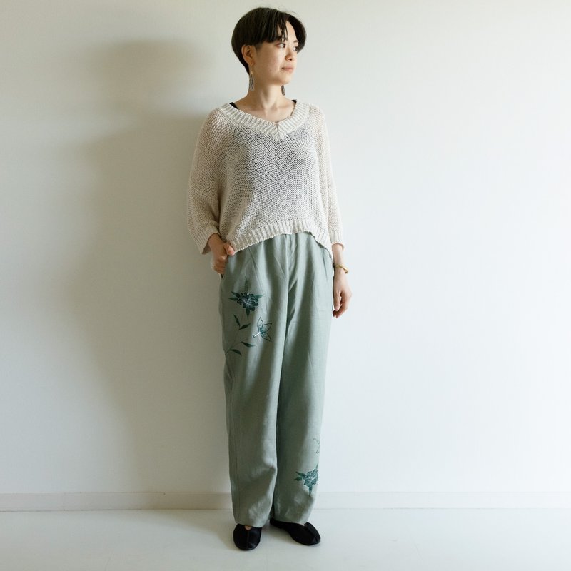 リネンテーパードパンツ　更紗・牡丹 - 女長褲 - 棉．麻 綠色
