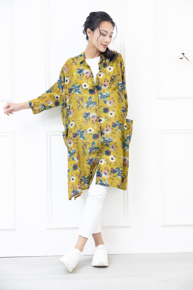 襯衫領滿版白花外套 芥黃色 - 女大衣/外套 - 其他材質 黃色
