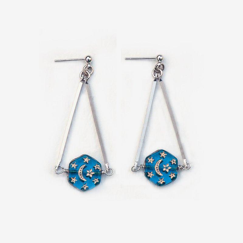 Blue Hexagonal Moon & Star Earrings, Post Earrings, Clip On Earrings - ต่างหู - โลหะ สีน้ำเงิน